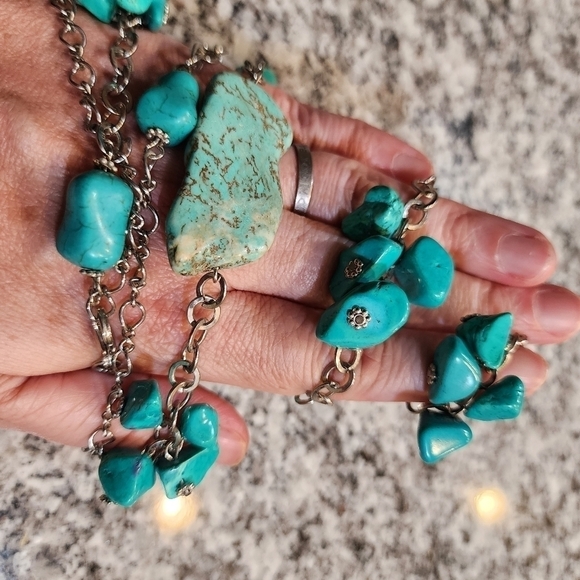 Large Slab Turquoise Necklace Silver Tone Chain w Extender Natural Stone EUC - Picture 16 of 16